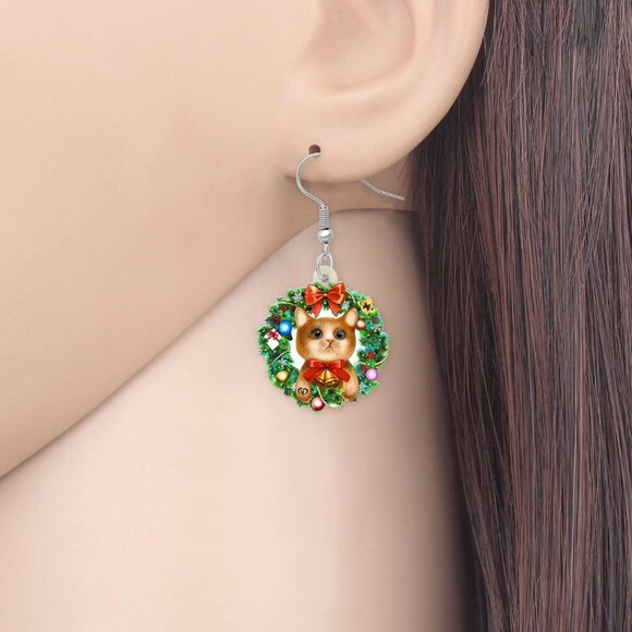 ⚡Christmas Cat Earrings for Women Cute Holiday Wreath Dangle Drop Jewelry Gift - Picture 2 of 6